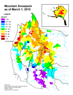 Percent of Normal Snow Water Equivalent, March 1, 2010 Percent of Normal Snow Water Equivalent, March 1, 2010