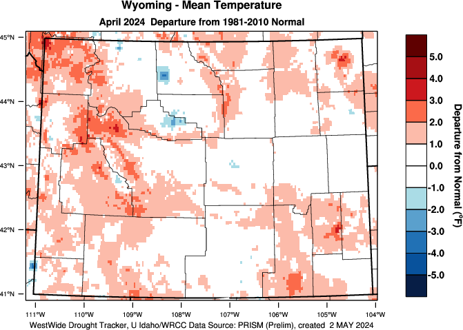 Wyoming: Last Month Departure from Normal Temperature