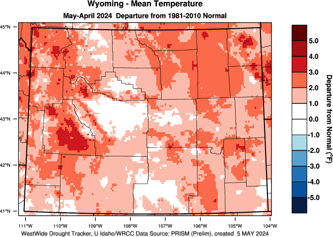 Wyoming: Last 12 Months Departure from Normal Temperature