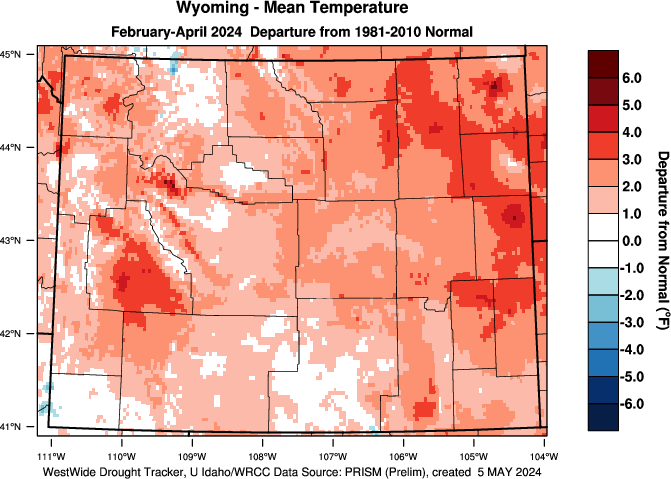Wyoming: Last 3 Months Departure from Normal Temperature