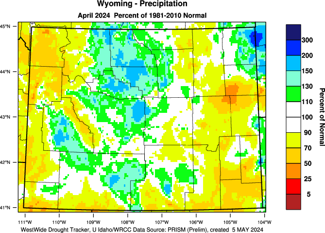 Wyoming: Last Month Percent of Normal Precipitation