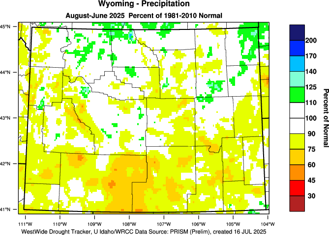 Wyoming: Annual Percent of Normal Precipitation - Click to Enlarge Wyoming: Annual Percent of Normal Precipitation